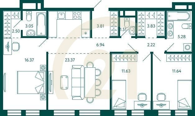 3-комн, 92.15 м², 7 этаж