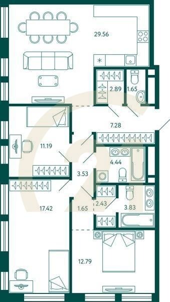 3-комн, 98.66 м², 6 этаж