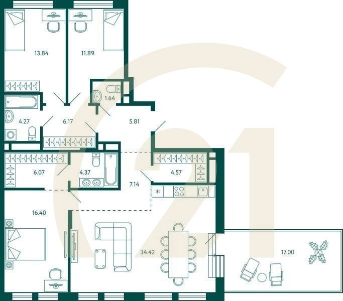 3-комн, 121.69 м², 10 этаж