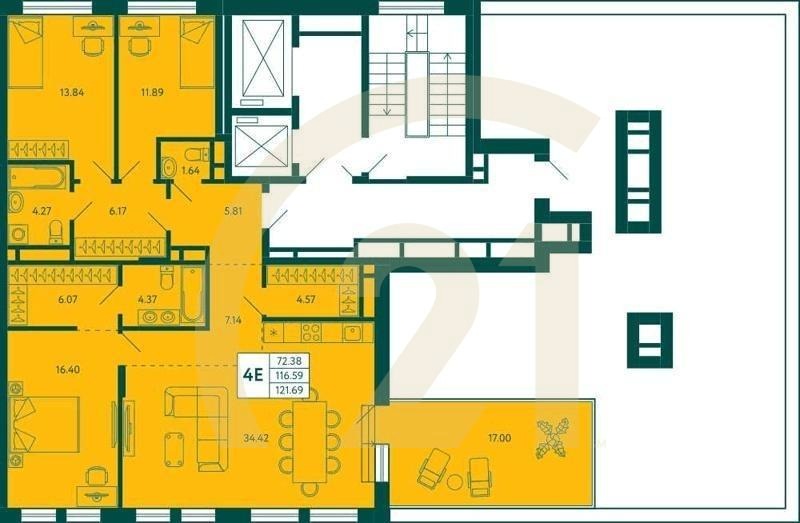 3-комн, 121.69 м², 10 этаж