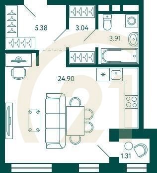 Студия, 37.88 м², 2 этаж
