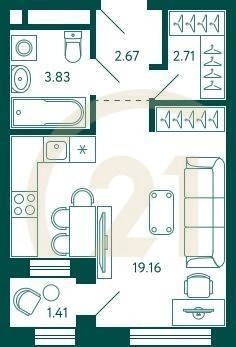 Студия, 29.07 м², 13-27 этаж