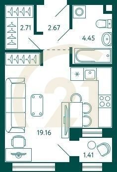 Студия, 29.69 м², 2 этаж