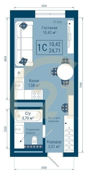 1-комн, 24.71 м², 12-21 этаж