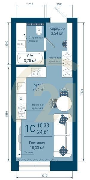 1-комн, 24.61 м², 16-22 этаж