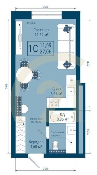 1-комн, 27.06 м², 16-22 этаж