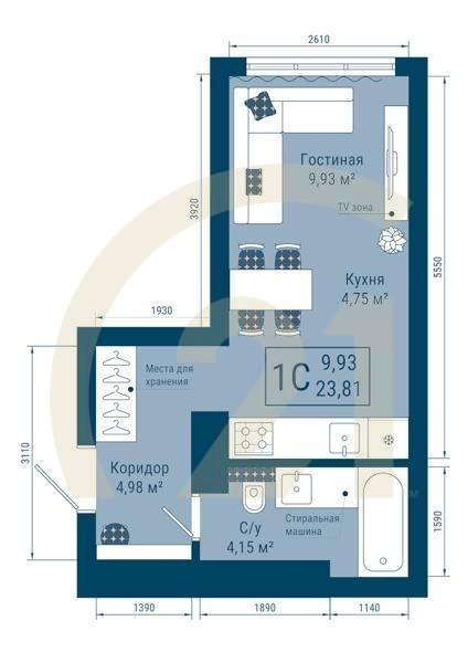 1-комн, 23.81 м², 16 этаж
