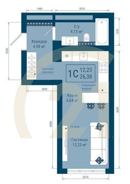 1-комн, 26.38 м², 1 этаж