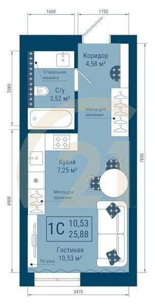 1-комн, 25.88 м², 15-22 этаж