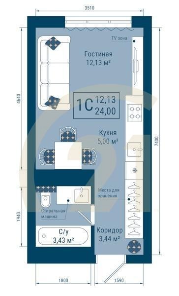 1-комн, 24 м², 11-25 этаж