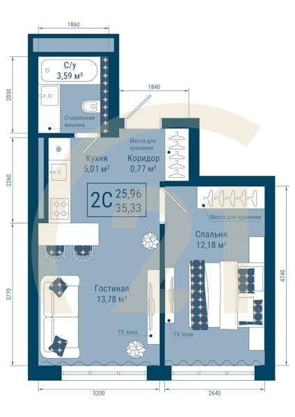 2-комн, 35.33 м², 1 этаж