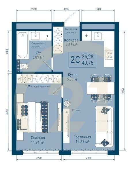 2-комн, 40.75 м², 11-25 этаж