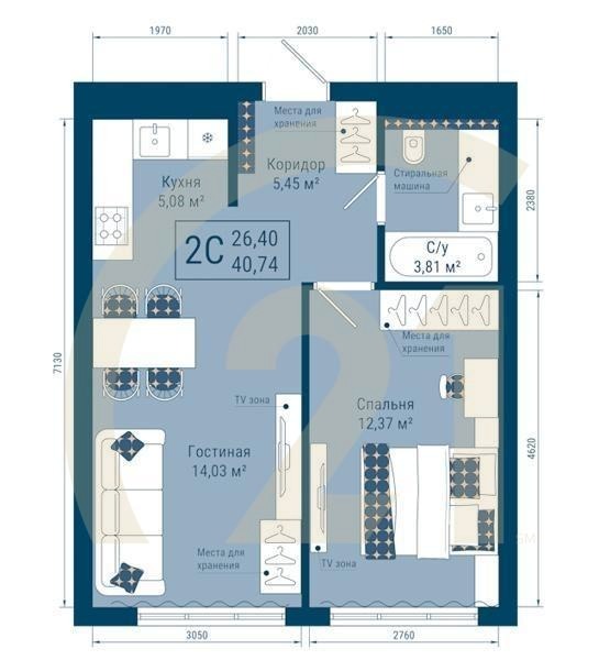 2-комн, 40.74 м², 11-25 этаж