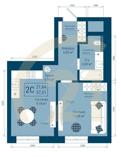 2-комн, 37.31 м², 13-22 этаж