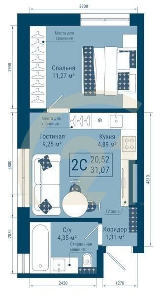 2-комн, 31.07 м², 13-20 этаж