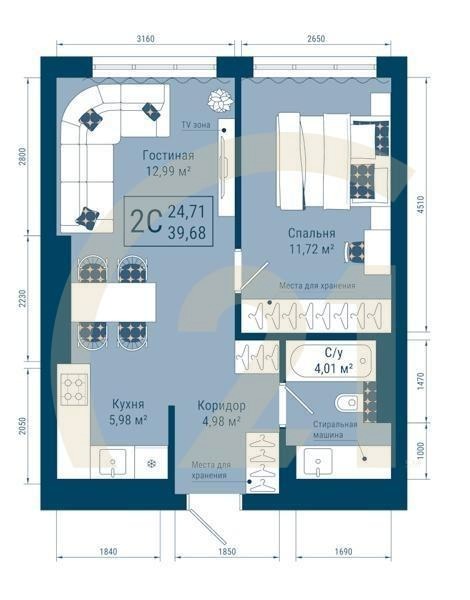 2-комн, 39.68 м², 25 этаж