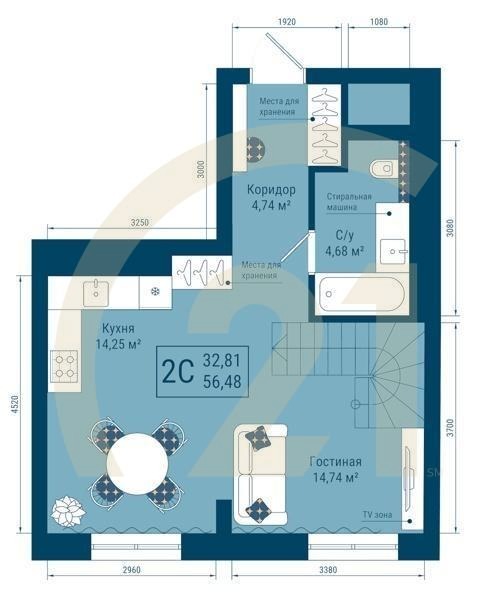2-комн, 56.48 м², 23 этаж