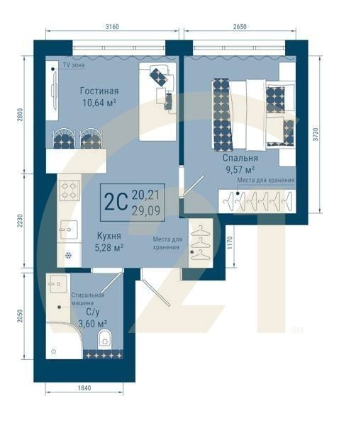 2-комн, 29.09 м², 14-24 этаж