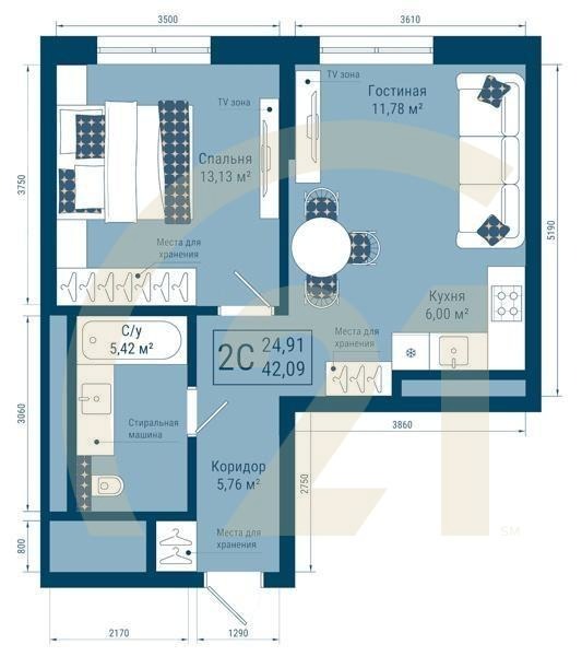 2-комн, 42.09 м², 10-22 этаж