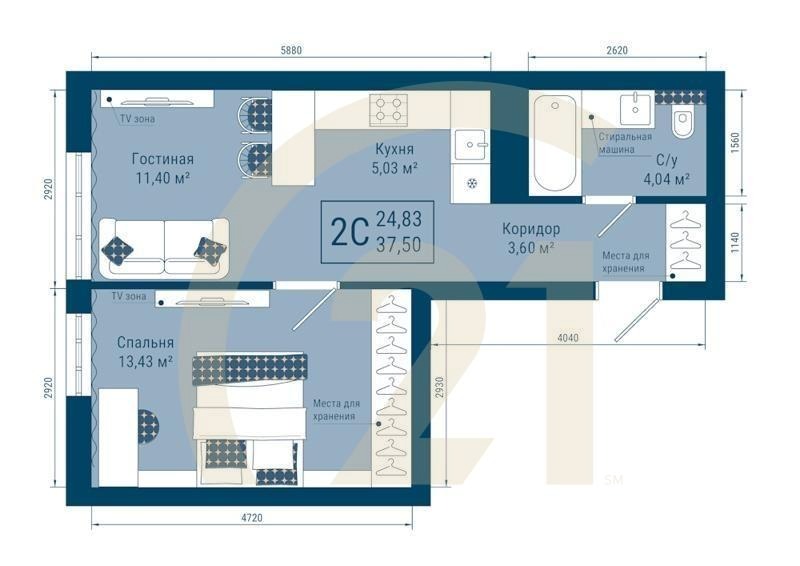 2-комн, 37.5 м², 6-24 этаж
