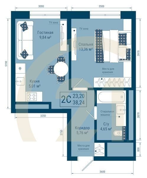 2-комн, 38.24 м², 3-22 этаж