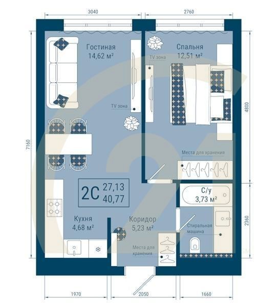 2-комн, 40.77 м², 6-25 этаж