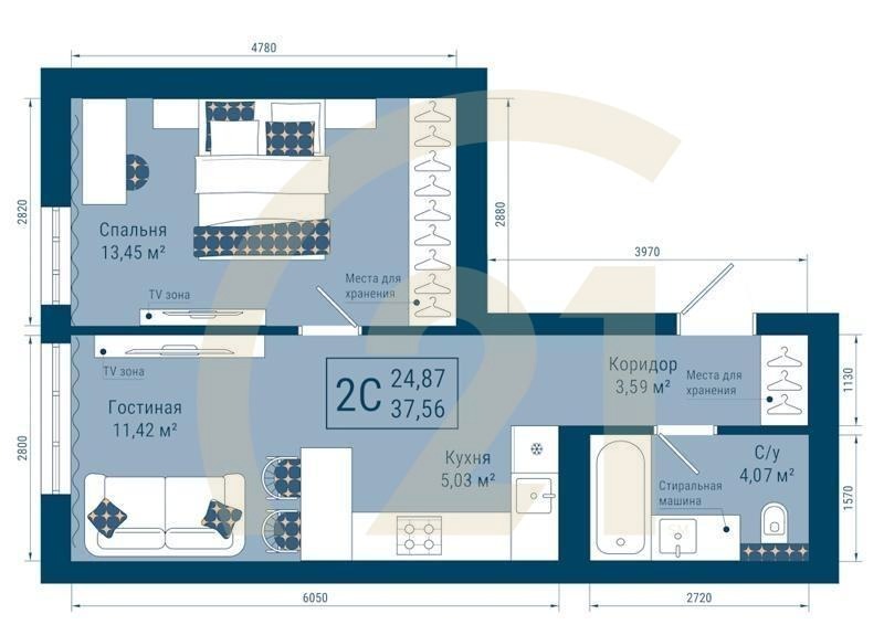 2-комн, 37.57 м², 25 этаж