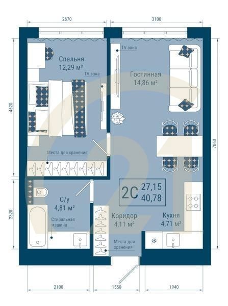 2-комн, 40.78 м², 25 этаж