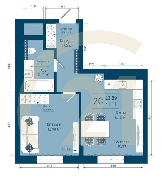 2-комн, 41.11 м², 5-21 этаж