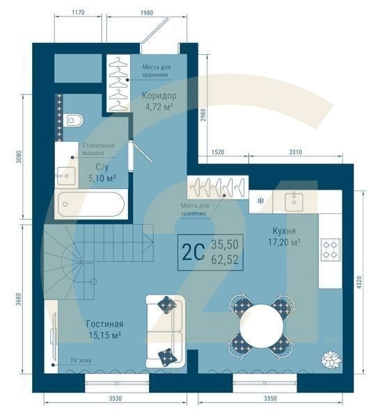 2-комн, 62.52 м², 23 этаж