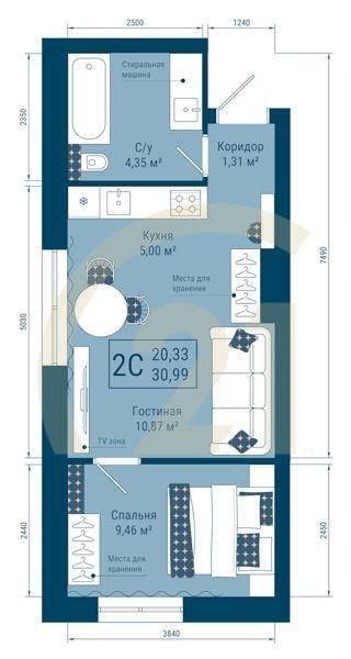 2-комн, 30.99 м², 11-22 этаж