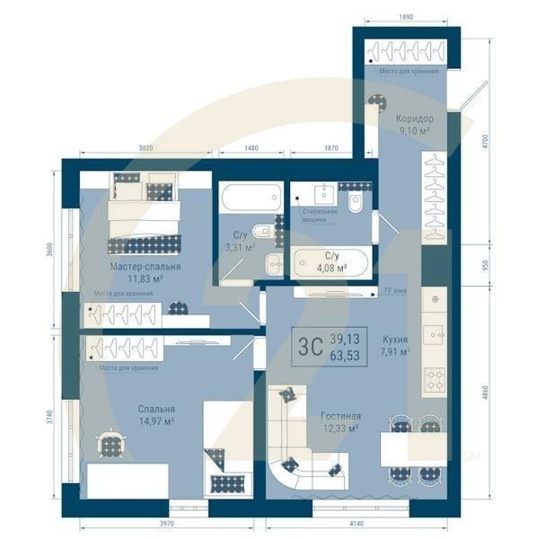 3-комн, 63.53 м², 2-24 этаж