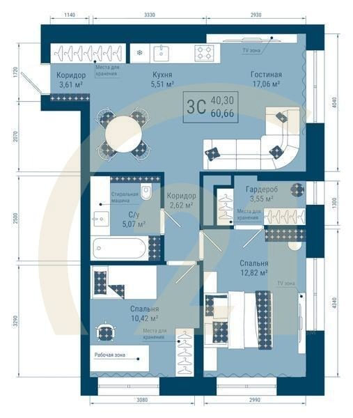 3-комн, 60.66 м², 2-22 этаж