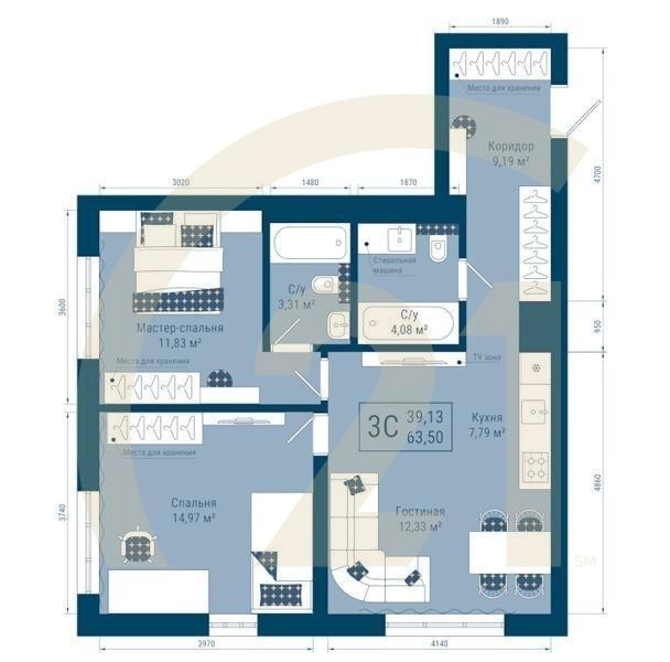 3-комн, 63.5 м², 25 этаж