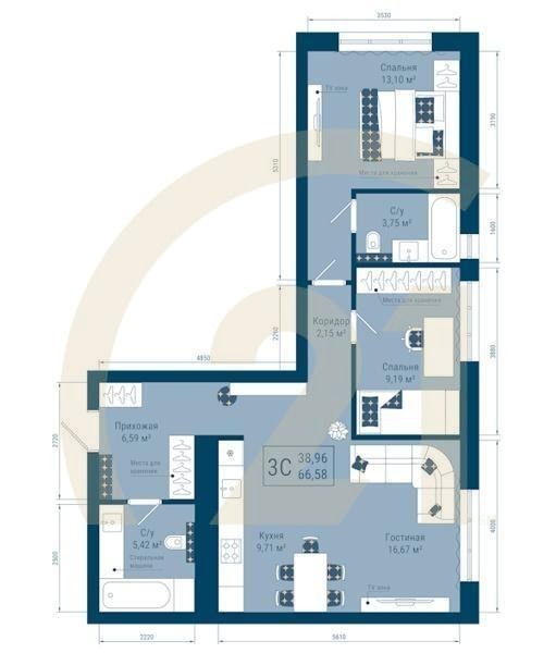 3-комн, 66.58 м², 3-24 этаж