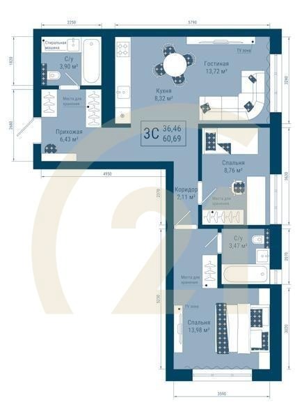 3-комн, 60.69 м², 2-24 этаж