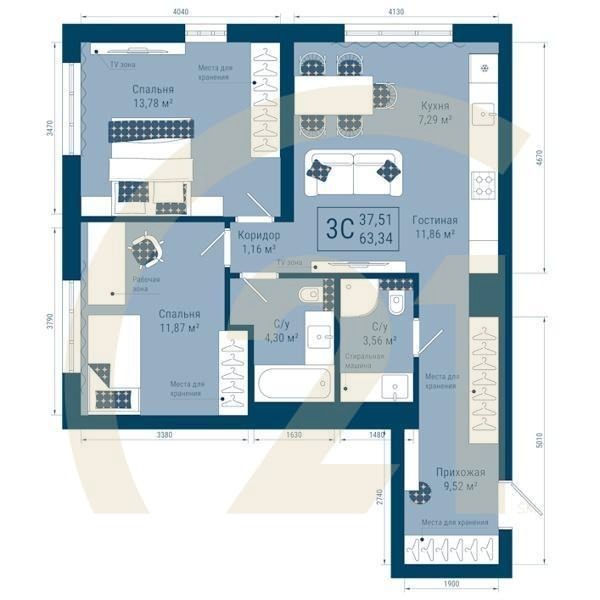 3-комн, 63.34 м², 4-23 этаж