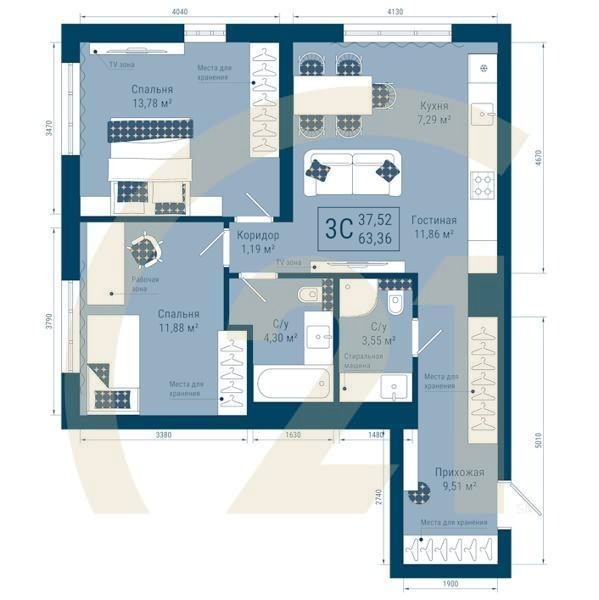 3-комн, 63.36 м², 25 этаж