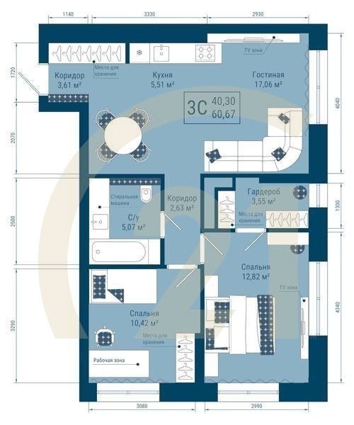 3-комн, 60.67 м², 1 этаж