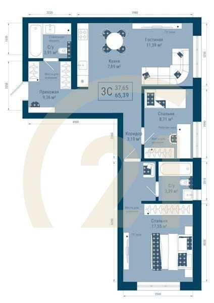 3-комн, 65.39 м², 1 этаж