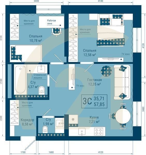 3-комн, 57.85 м², 2-22 этаж