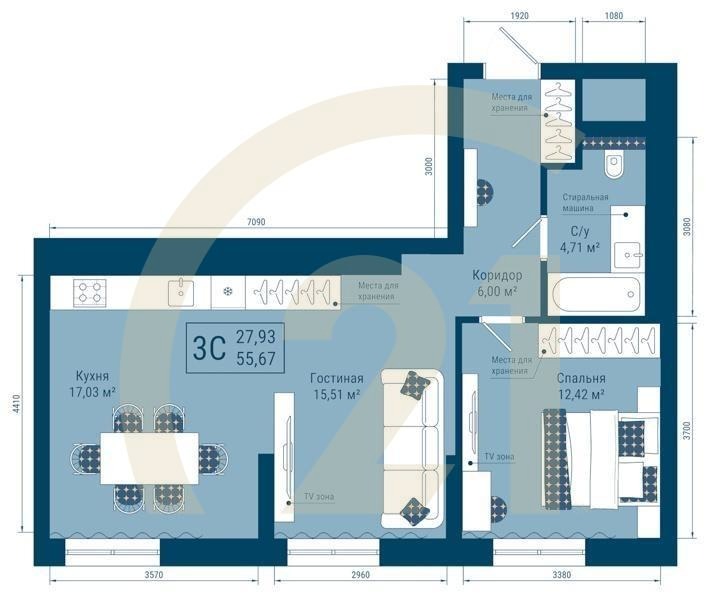 3-комн, 55.67 м², 1 этаж