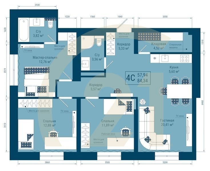4-комн, 84.34 м², 23 этаж