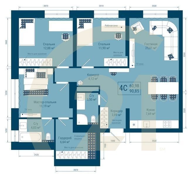 4-комн, 90.85 м², 23 этаж