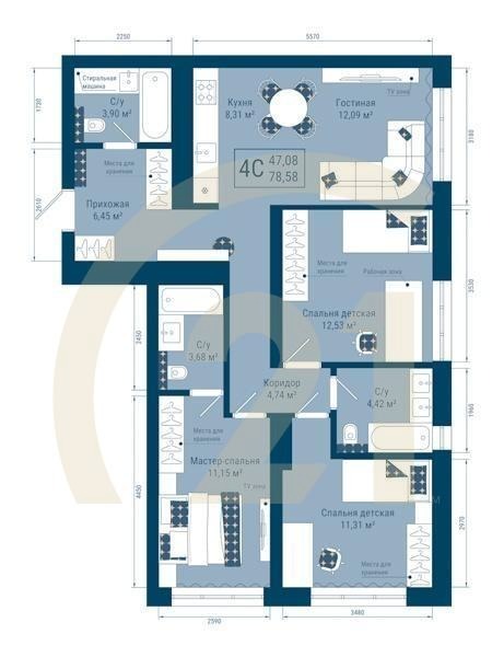 4-комн, 78.58 м², 25 этаж