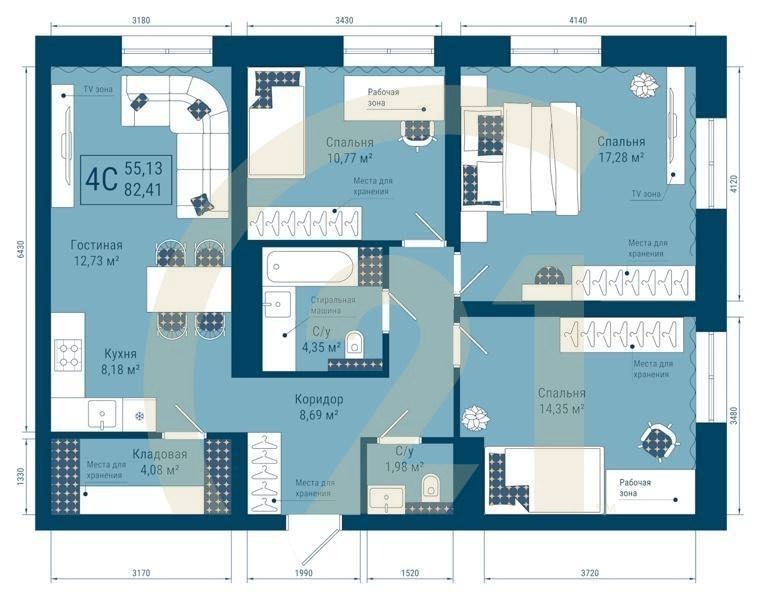 4-комн, 82.41 м², 23 этаж