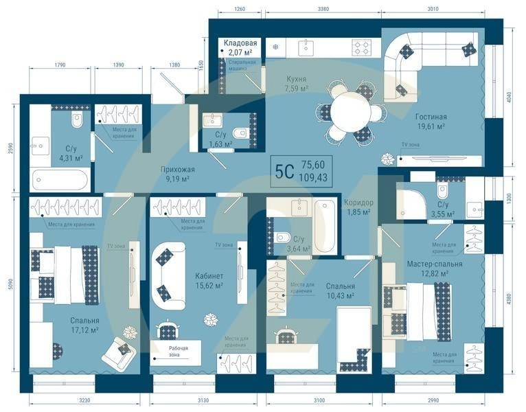 5-комн, 109.43 м², 23 этаж