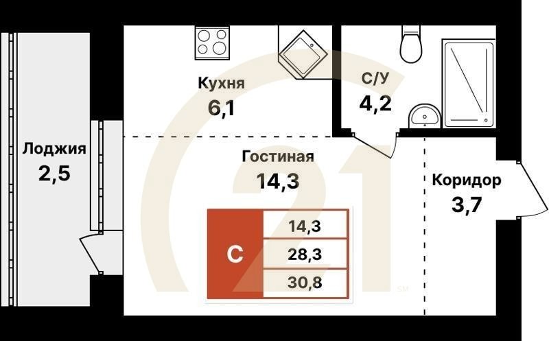 Студия, 30.8 м², 2-8 этаж