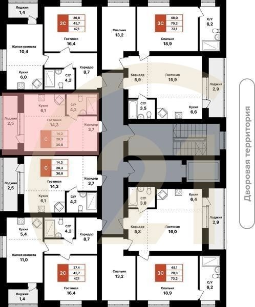 Студия, 30.8 м², 2-8 этаж