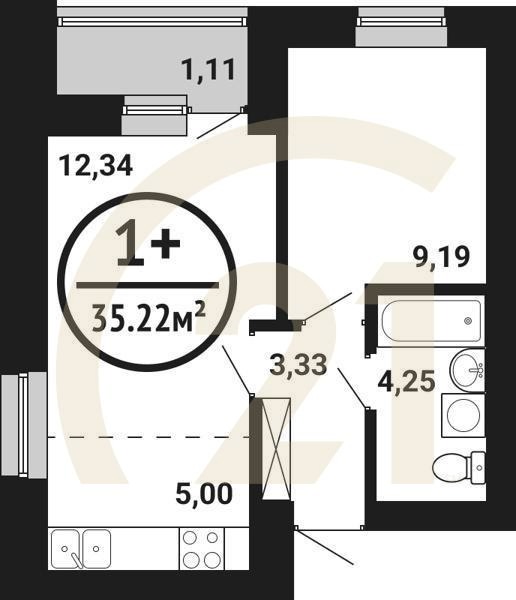 1-комн, 35.22 м², 2 этаж
